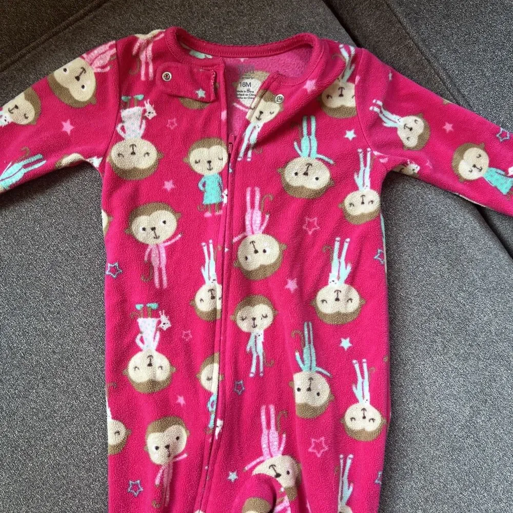 Carter's Toddler Girls 1-Piece Cute Monkey Print Cozy Fleece Zip-Up PJs Pink 18M